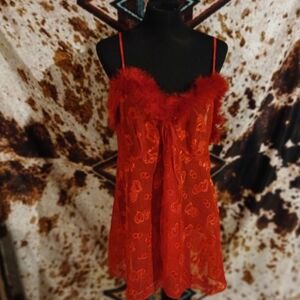 Serenada Red Sheer Lingerie with Feather Trim